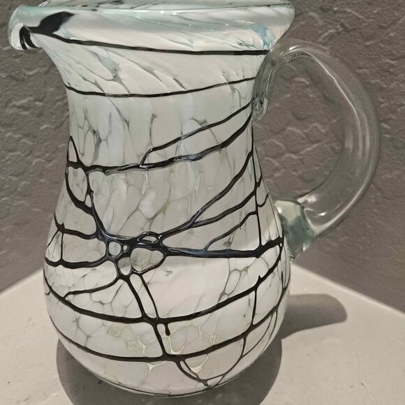 Black and White Art Glass Pitcher White with drizzle 9" - Picture 2 of 8
